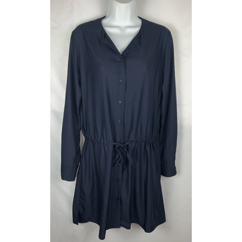 Uniqlo Women's Dress Size M Navy Blue Button Down Adjustable Tie Waist W/Pockets